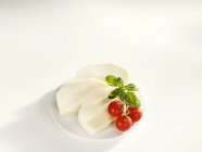 Slices of mozzarella on plate with tomatoes and basil — Stock Photo