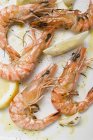 Garlic prawns with lemon wedges — Stock Photo