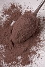 Vista de cerca del cacao en polvo en una cuchara de plata - foto de stock