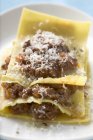 Lasagne con ragù di carne e formaggio grattugiato — Foto stock