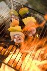 Vista close-up de kebabs de frutas no churrasco grelhador — Fotografia de Stock