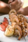 Closeup view of grilled prawn skewers with tomatoes and lemon — Stock Photo