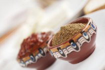 Bohnenkraut und Ljutenica-Paprika-Tomaten-Relish in Schüsseln auf weißen Tellern — Stockfoto