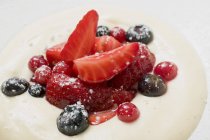 Вид крупным планом ванильного крема с ягодами на тарелке — стоковое фото