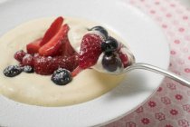 Primo piano vista di crema di vaniglia con bacche su cucchiaio e piatto — Foto stock