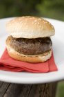 Hamburger su piastra con tessuto rosso — Foto stock