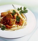Macaroni with swordfish and tomato sauce — Stock Photo