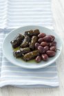 Dolmadakia e olive kalamata su piatto bianco sopra asciugamano — Foto stock