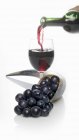 Copa de vino tinto con uvas maduras - foto de stock