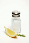 Salt shaker with rosemary and lemon — Stock Photo