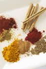 Closeup view of various spices heaps on white surface — Stock Photo