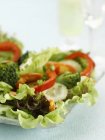 Salade mixte avec laitue et poivrons sur un plateau en verre à la surface blanche — Photo de stock