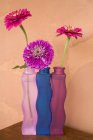 Цинния цветы в трех цветных вазах — стоковое фото