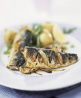 Closeup view of fried sardines with onions, potatoes and rocket — Stock Photo