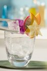 Vista da vicino di mettere il cubetto di ghiaccio al bicchiere da cocktail con fette di frutta — Foto stock