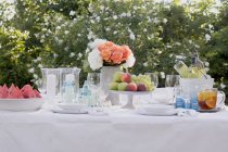 Дневной вид на накрытый стол для летней вечеринки на открытом воздухе — стоковое фото