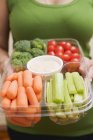 Cropped view of woman holding plastic tray of vegetables and dip — Stock Photo