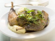 Close up of Roast goose legs with mashed potato and herbs — Stock Photo