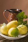 Fresh lemons with leaves on plate — Stock Photo