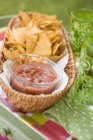 Tortilla chips e salsa na mesa de jardim — Fotografia de Stock