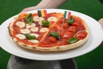 Mani che tengono la pizza — Foto stock