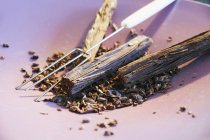 Closeup view of cocoa nibs with fork and wooden sticks — Stock Photo