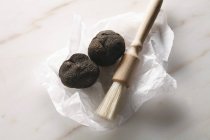 Black truffles with brush on paper — Stock Photo