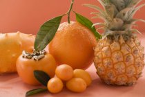Orange und Kumquats auf rosa Hintergrund — Stockfoto