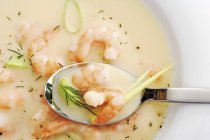 Sopa de camarão com alho-porro e endro em prato com colher — Fotografia de Stock