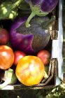 Berinjelas Orgânicas e Tomates Heirloom — Fotografia de Stock
