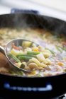 Парящий овощной суп в кастрюле с ковшем — стоковое фото