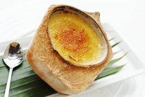 Крупный план крем-брюле в кокосовой скорлупе — стоковое фото