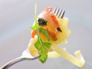 Salmón con pasta fettuccine en tenedor - foto de stock
