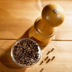 Dried Peppercorns in bowl and pepper mill — Stock Photo