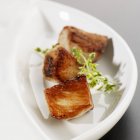 Vista close-up de pedaços de peru frito com erva no prato branco — Fotografia de Stock