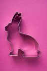 Primo piano vista dall'alto di Pasqua taglierina coniglietto sulla superficie rosa — Foto stock