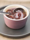 Closeup view of spiced plum sauce in dish with ladle — Stock Photo