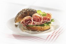 Closeup view of Salami in poppy seed roll — Stock Photo