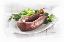 Sausage and fresh herbs on plate — Stock Photo
