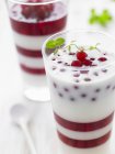 Closeup view of buttermilk and red currant layered dessert with mint leaves — Stock Photo
