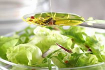 Spoon above bowl of salad — Stock Photo