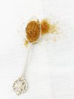 Primo piano vista dello zucchero Demerara su cucchiaio d'argento e su superficie bianca — Foto stock