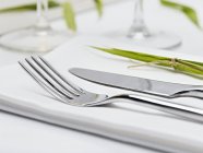 Closeup view of knife and fork on fabric napkin — Stock Photo