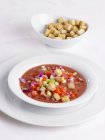 Gazpacho aux croûtons dans un bol à soupe — Photo de stock
