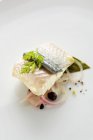 Trout fillet poached in wine with onion  on white surface — Stock Photo
