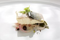 Trout fillet poached in wine with onion on white surface — Stock Photo