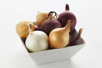 White, brown and red onions — Stock Photo