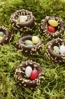 Vista close-up de ninhos de chocolate em musgo — Fotografia de Stock