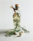 Vida tranquila com vinagre de ervas em uma garrafa com ervas e alho na superfície branca — Fotografia de Stock