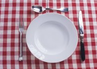 Assiette, couteau, fourchette et cuillère — Photo de stock